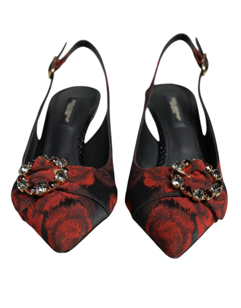 Black Red Floral Crystal Heel Slingback Shoes