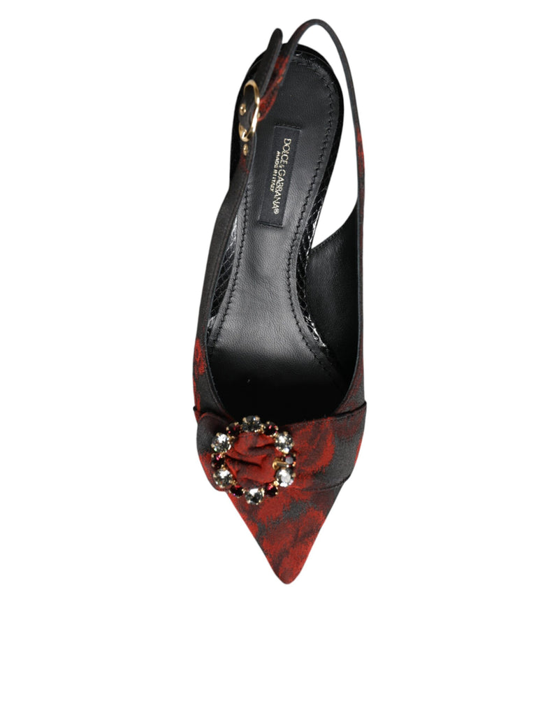 Black Red Floral Crystal Heel Slingback Shoes