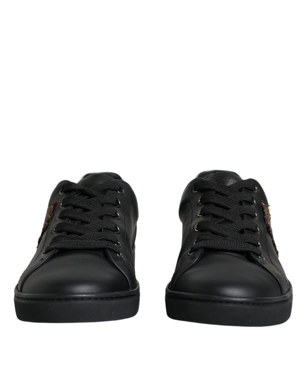 Black Leather Heart Embellished Sneakers Shoes