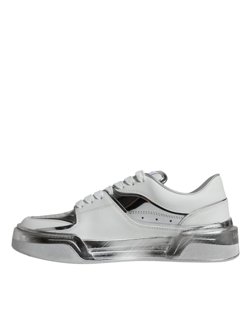 White Silver Leather Low Top Sneakers Shoes