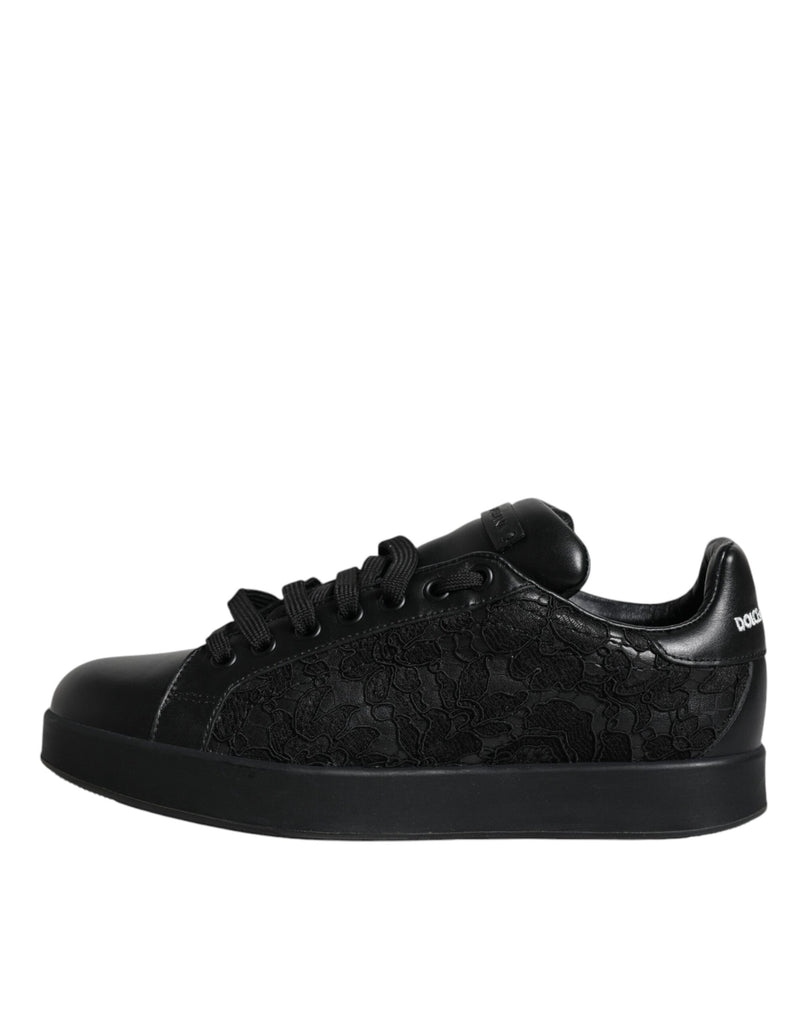 Black Lace Leather Low Top Sneakers Shoes