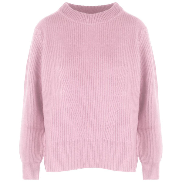 Pink Cashmere Women Sweater with Ribbed Embroidery