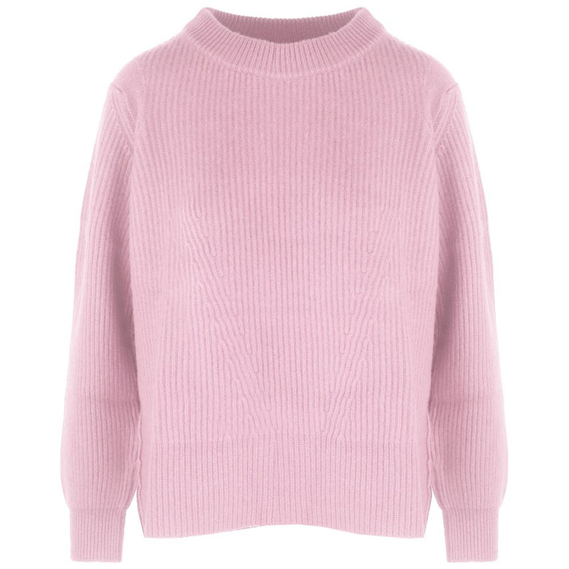 Pink Cashmere Women Sweater with Ribbed Embroidery