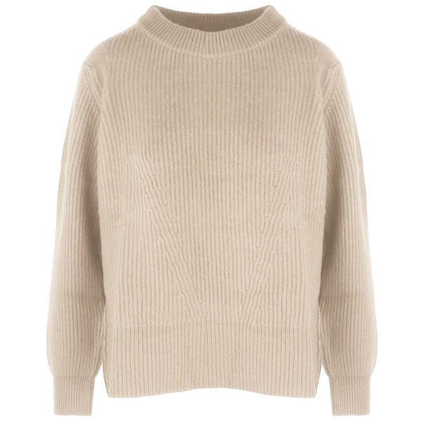 Beige Cashmere Women Sweater with Ribbed Embroidery