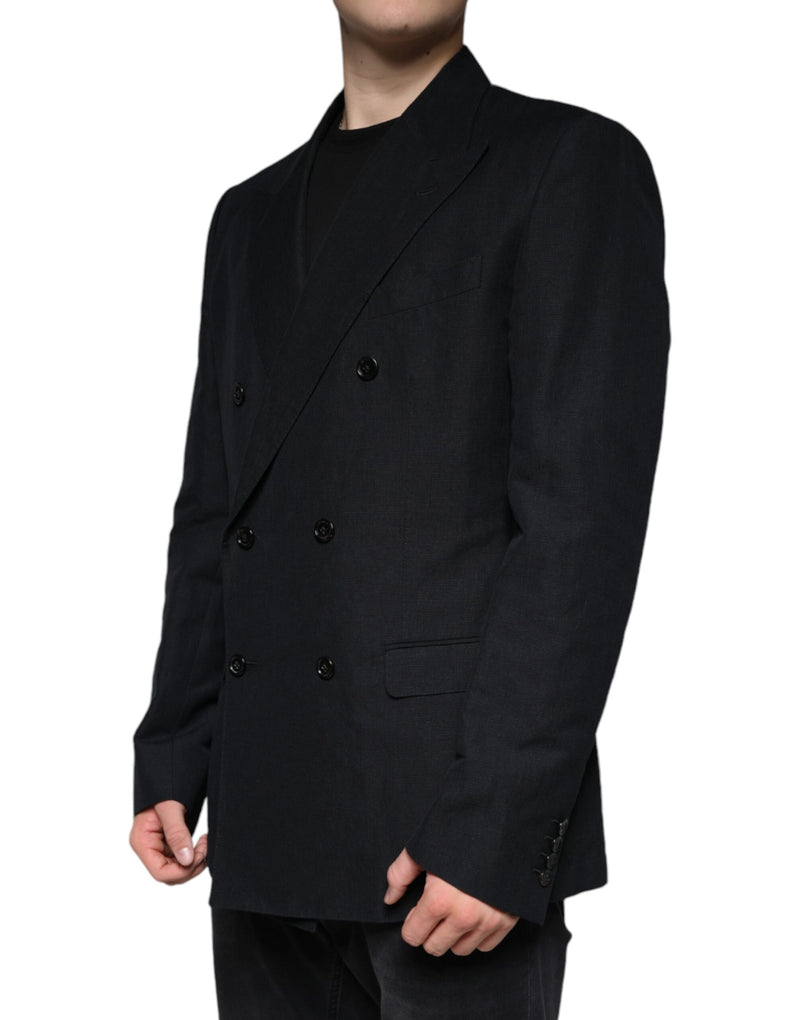 Black Linen Double Breasted Dress Blazer