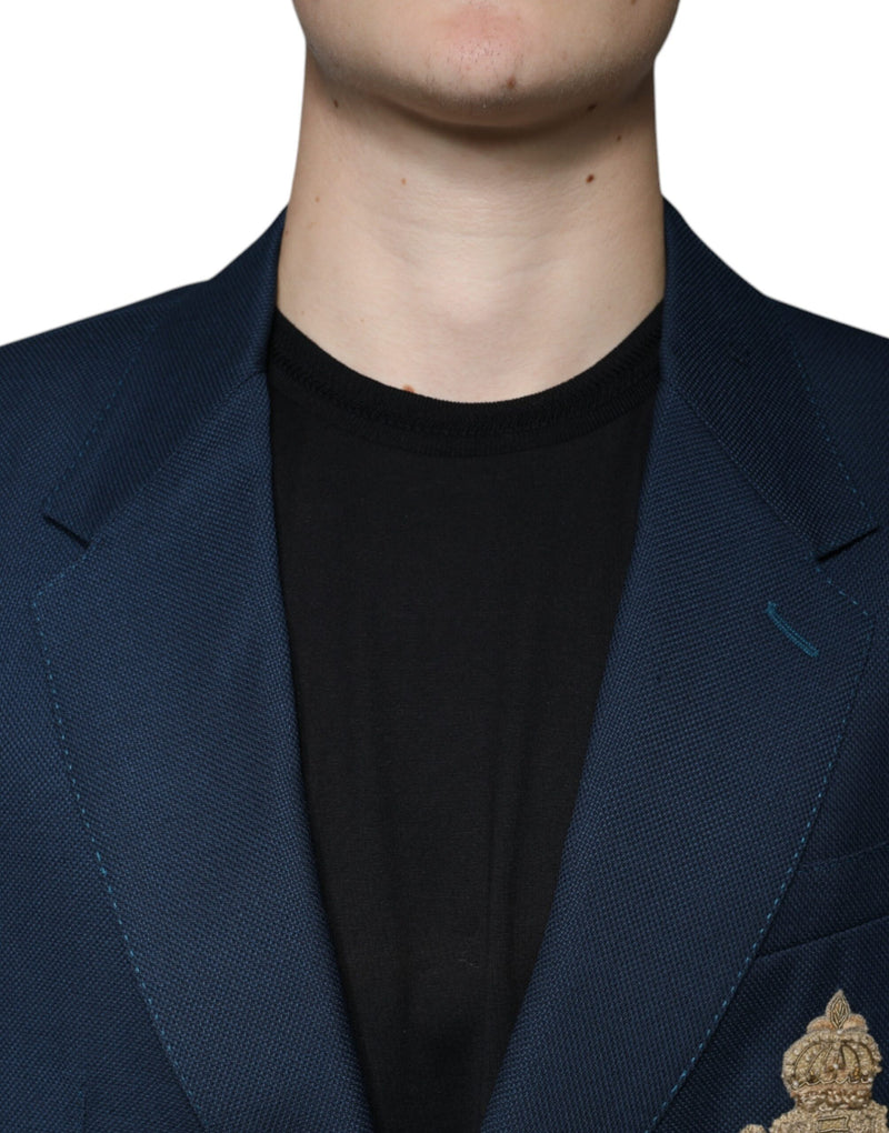 Blue Wool Logo Single Breasted Coat Blazer