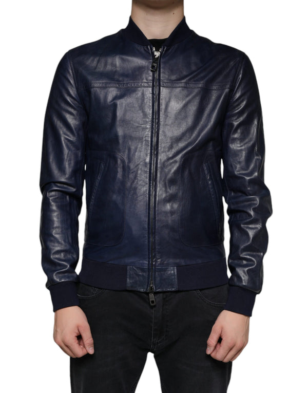 Blue Lambskin Leather Full Zip Biker Jacket