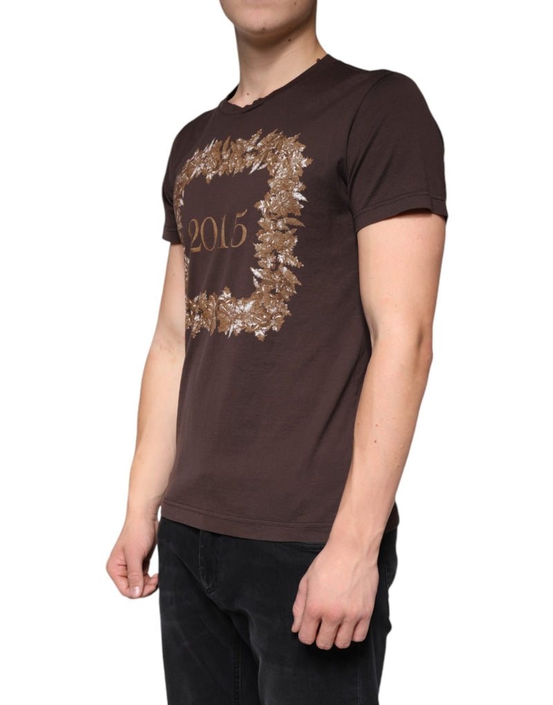 Brown New Year 2015 Cotton Crew Neck T-shirt