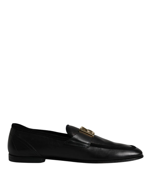 Black Leather Logo Slip On Loafers Shoes