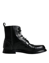 Black Leather Lace Up Mid Calf Boots Shoes