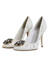 White Taormina Lace Crystal Heel Pumps Shoes