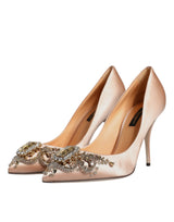 Beige Satin Crystal High Heels Pumps Shoes