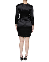 Black Satin Long Sleeves Wrap Sheath Mini Dress