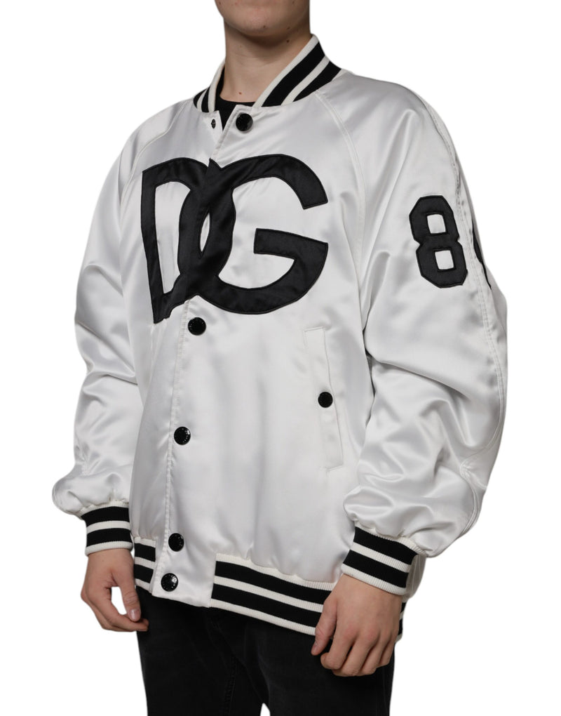 White Polyester Logo Full Zip Bomber Jacket