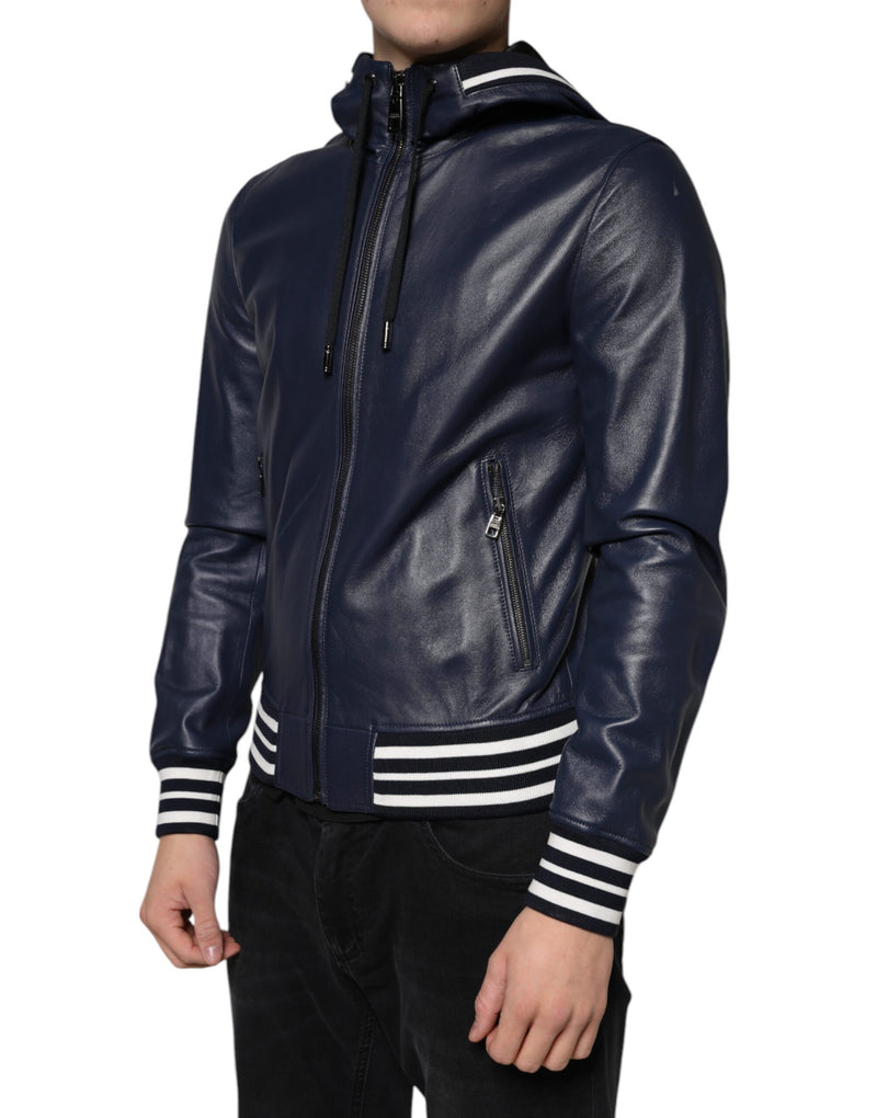 Blue Leather Full Zip Hooded Bomber Jacket