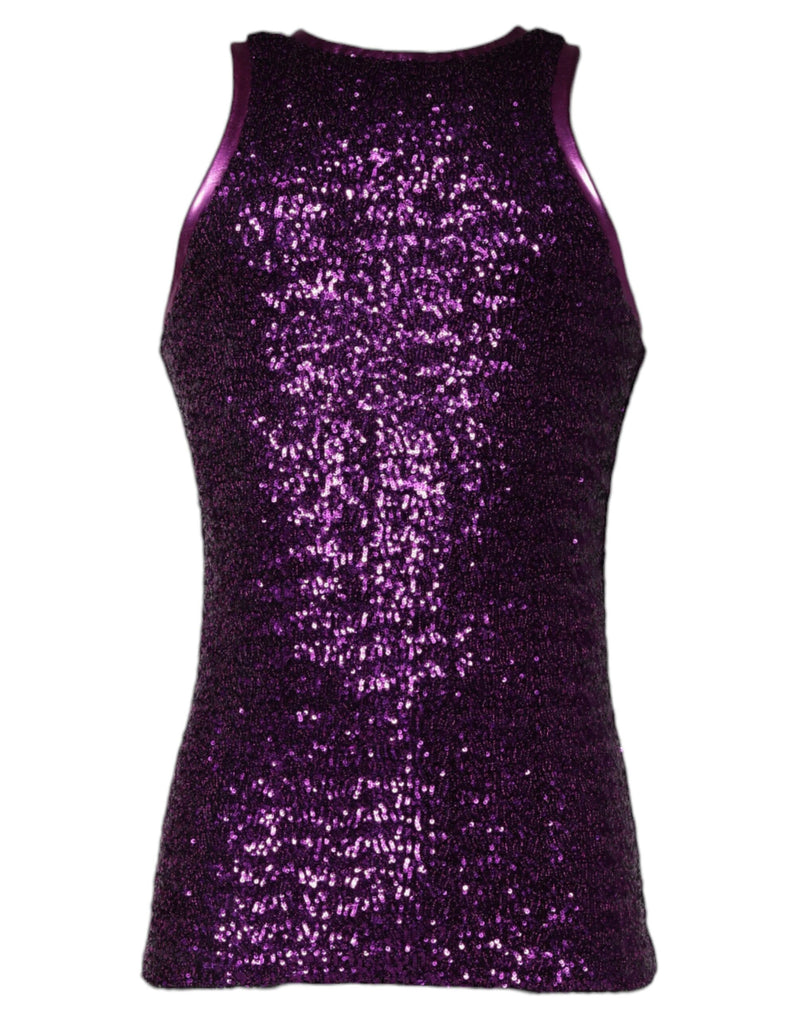 Purple Sequin Round Neck Sleeveless T-shirt