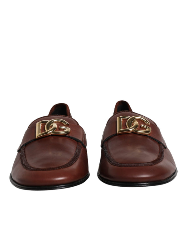 Brown Leather Logo Slip On Men Loafers Shoes