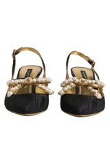 Black Leather Faux Pearls Slingbacks Shoes