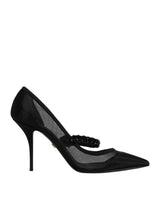 Black Mesh Mary Jane Crystal Heel Pump Shoes