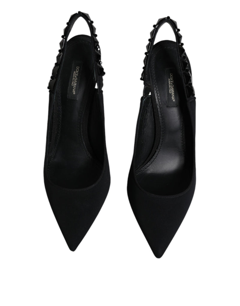 Black Embellished Charmeuse Slingback Shoes