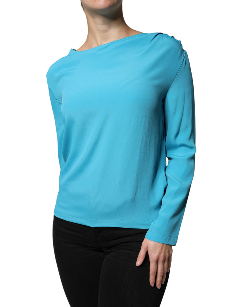 Blue Round Neckline Long Sleeves Blouse Top