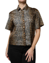 Brown Leopard Print Short Sleeves Blouse Top