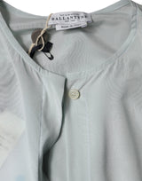 Light Blue Silk Ascot Collared Long Sleeves Top