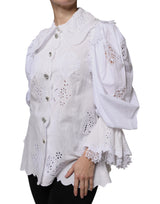 White Cotton Lace Trim Collared Blouse Top