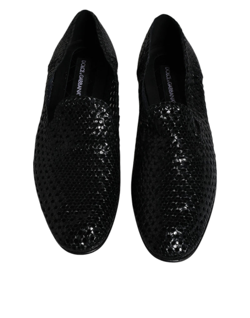 Black Woven Leather Slip On Loafers Shoes