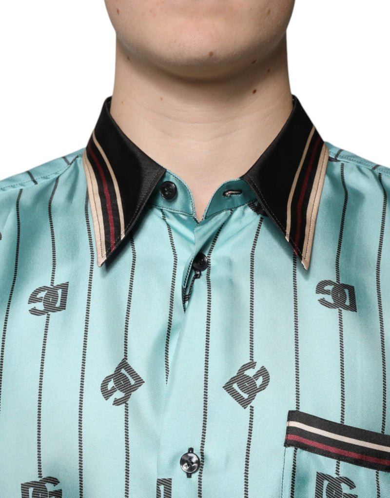 Green Striped Logo Short Sleeve Casual Shirt