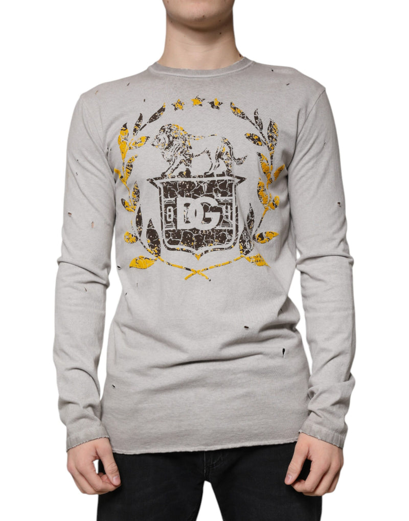 Gray Printed Cotton Crewneck Pullover Sweater