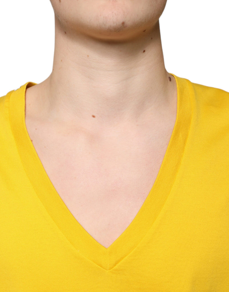 Yellow Cotton V-neck Short Sleeves T-shirt