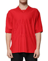 Red Cotton V-neck Short Sleeves T-shirt