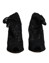 Black Lace Stretch Heels Mid Calf Boots Shoes