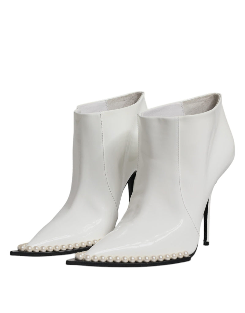 White Faux Pearl Leather Pointed Toe Ankle Boot Shoes