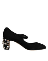 Black Suede Crystal Mary Jane Heels Shoes