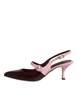 Pink Maroon Leather Kitten Heels Slingbacks Shoes