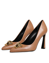 Brown Leather Logo Plaque High Heels Pumps Shoes