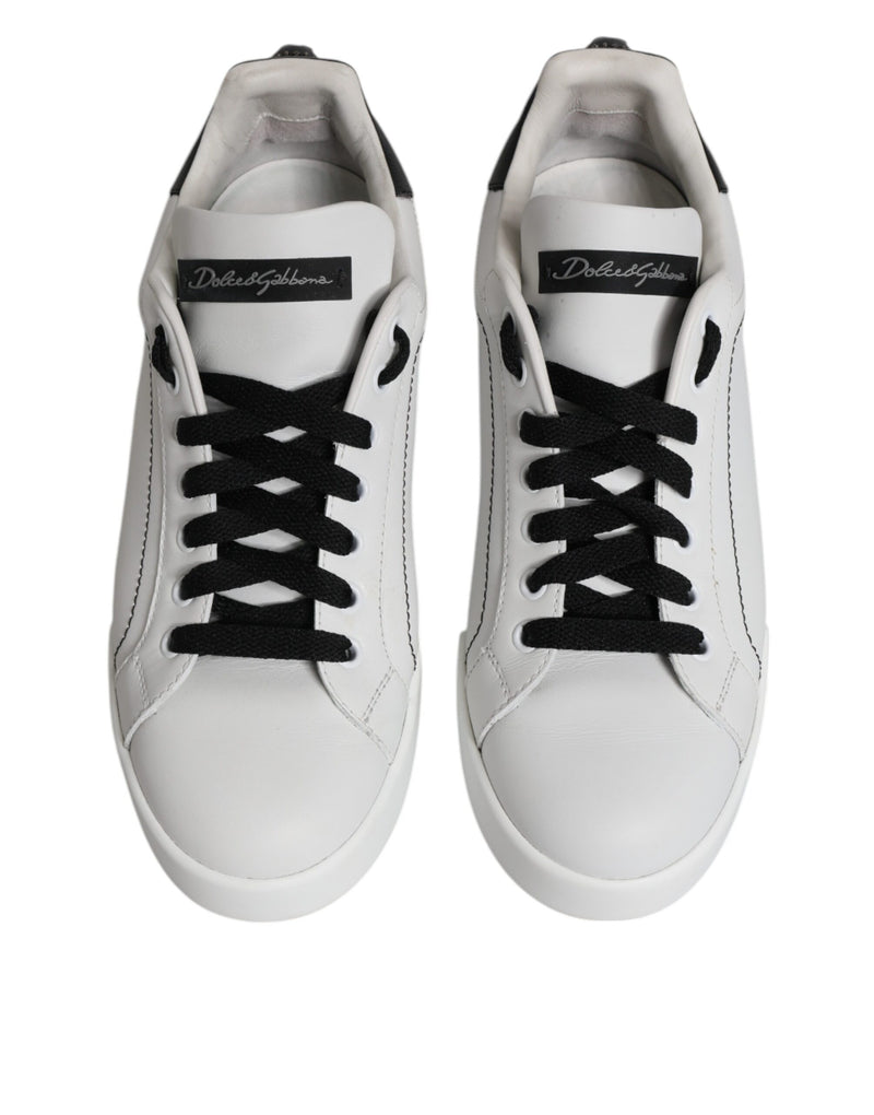 White Black Leather Low Top Sneakers Shoes