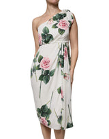 White Floral Silk One Shoulder Midi Dress