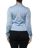 Blue Silk Knit Pullover Ascot Collar Top