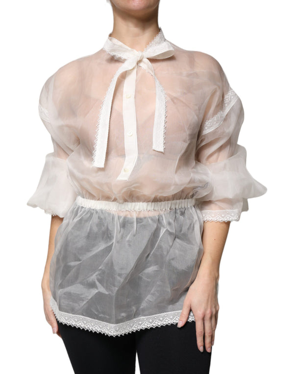 White Ascot Collar Long Sleeves Blouse Top