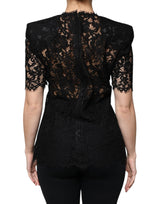 Black Floral Lace Short Sleeves Blouse Top