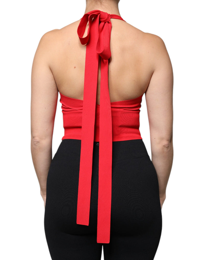 Red Viscose Sleeveless Halter Cropped Tank Top