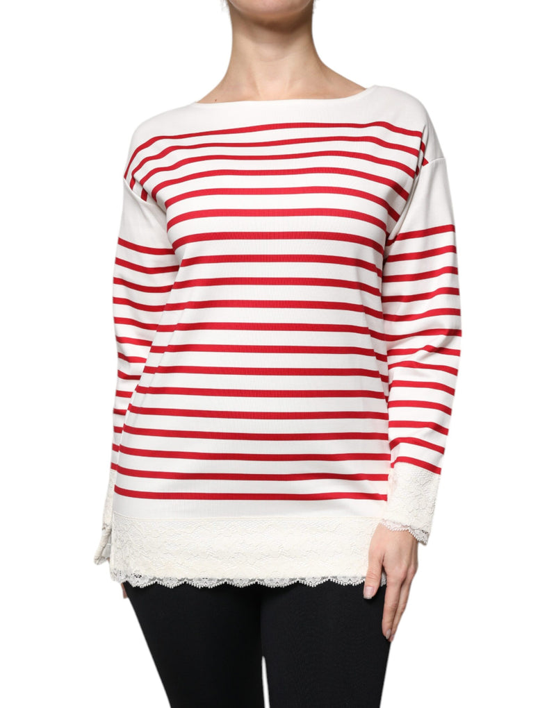 White Red Stripes Cotton Long Sleeves Top