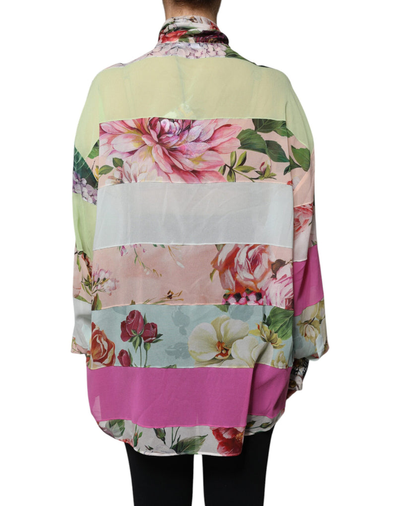 Multicolor Floral Patchwork Ascot Collar Top