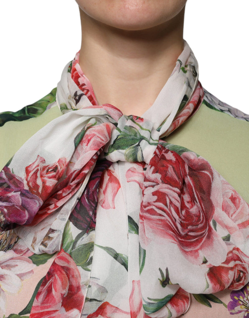 Multicolor Floral Patchwork Ascot Collar Top