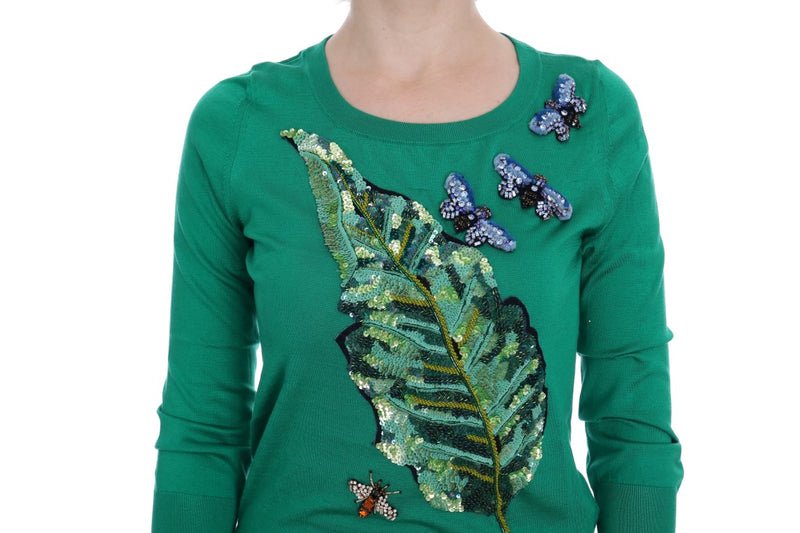 Maglione pullover in seta verde abbellito