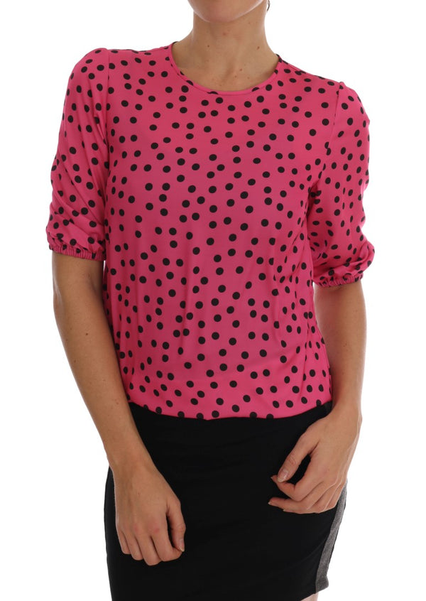 Blusa de seda de lunares de polka rosa elegante