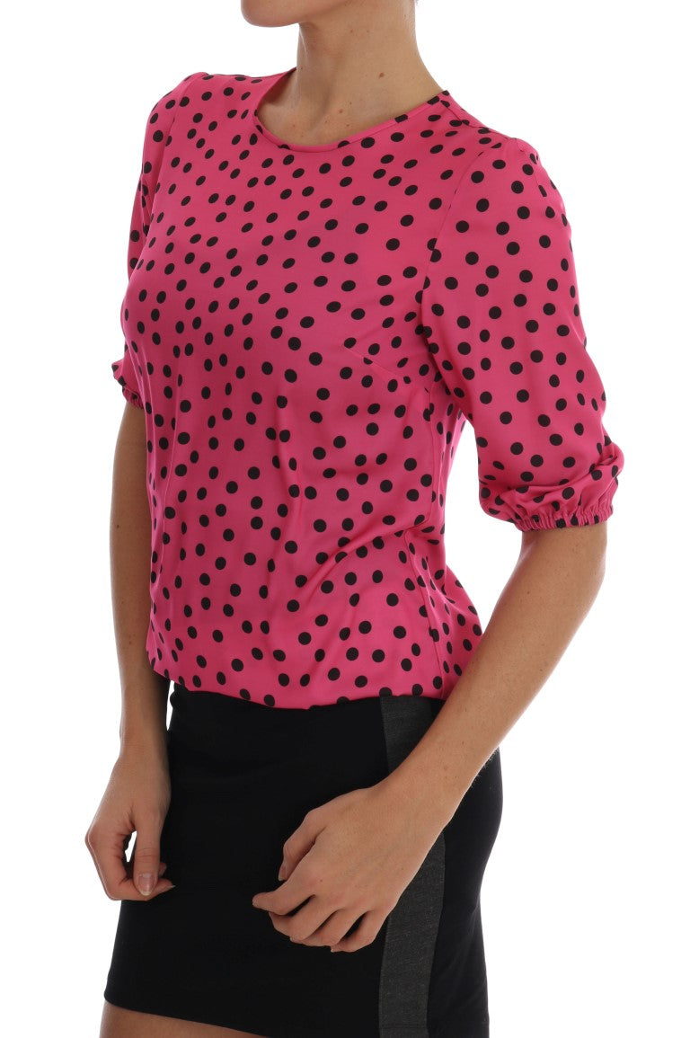 Blusa de seda de lunares de polka rosa elegante